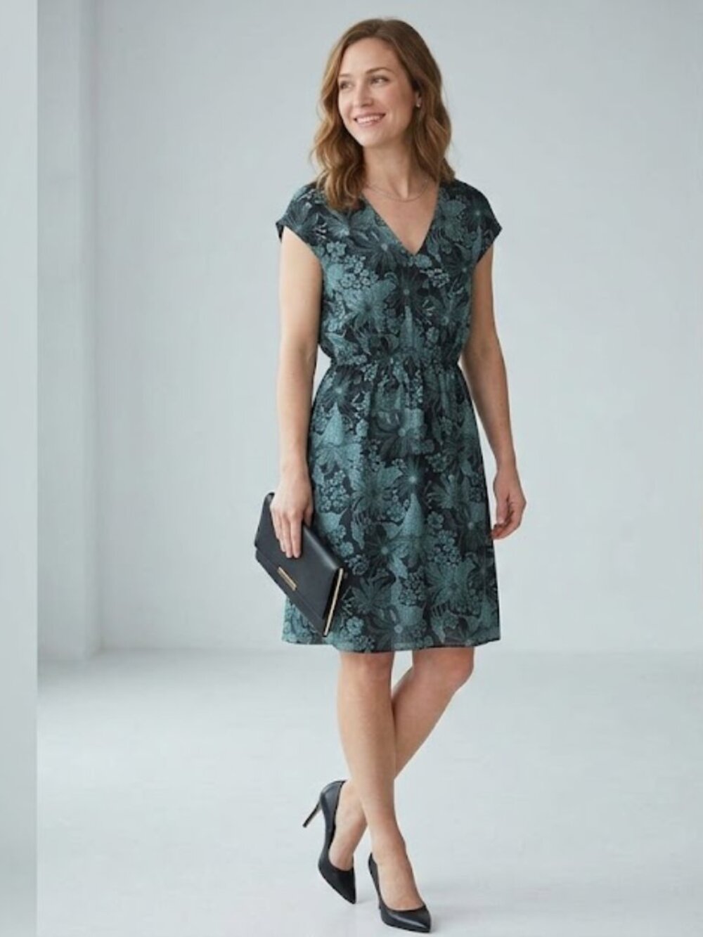 Banana Republic 100% Silk Teal Floral V-Neck A-Line Midi Dress Size 14